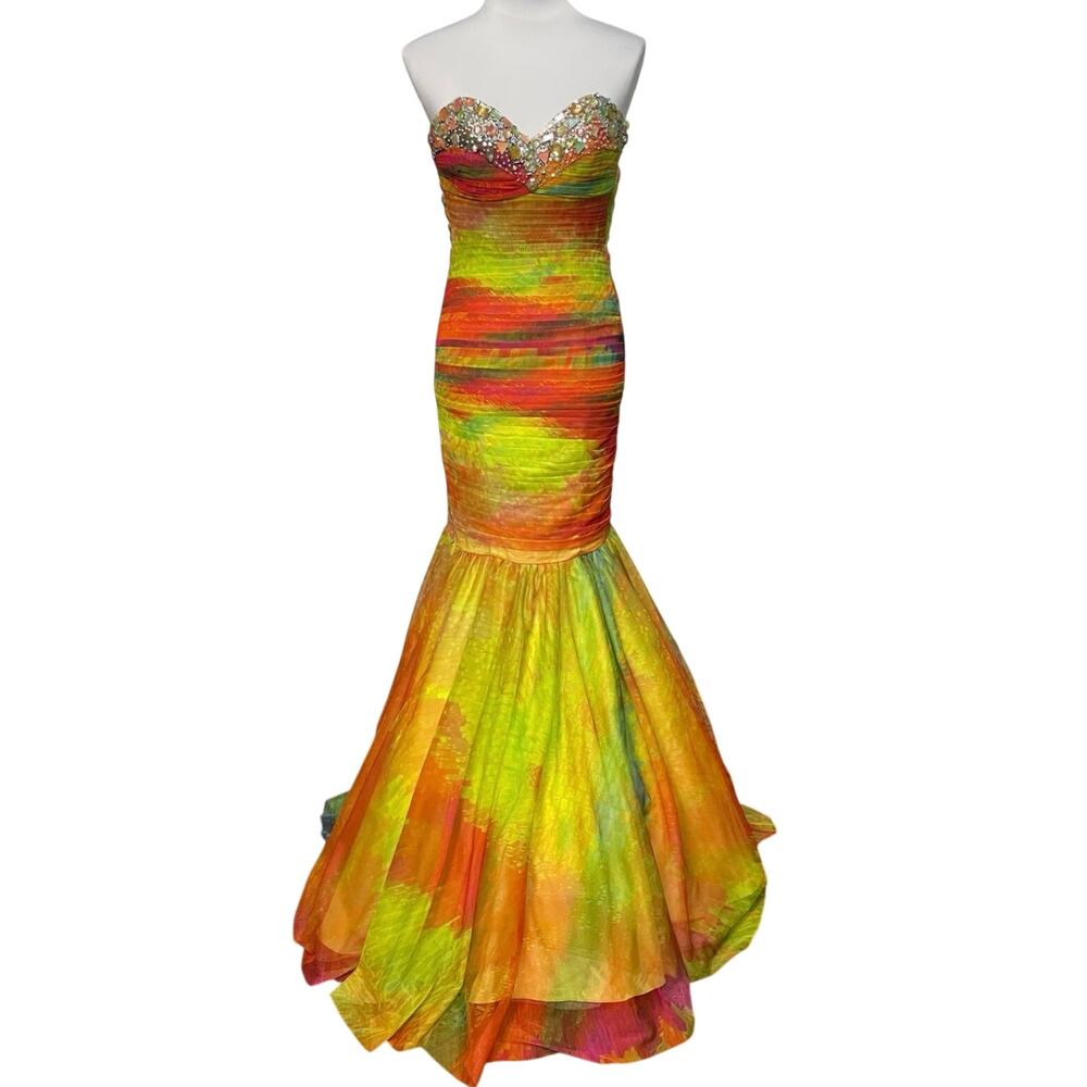 EUC – Jovani Multicolor Watercolor Mermaid Gown w/Jeweled Sweetheart Bodice